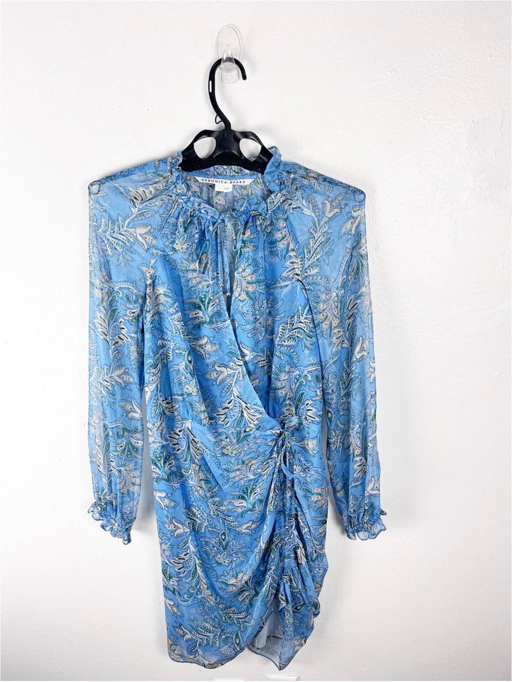 VERONICA BEARD 100% Silk Becky Aero Blue Sheer Ruched Tie V-Neck Floral Dress 4
